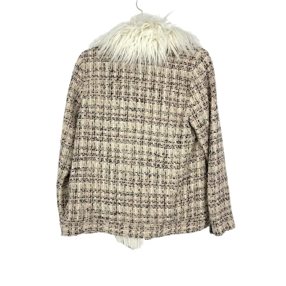 Lovers + Friends Jacket Women's Size XS Tweed Fur Trimmed Asymmetrical Zip Tan
